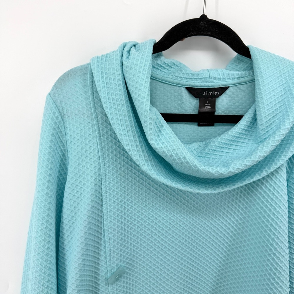 Ali Miles Womens Aqua Blue Waffle Knit Cowl Neck Roll Tab Sleeve Tunic Top Large - Picture 5 of 10
